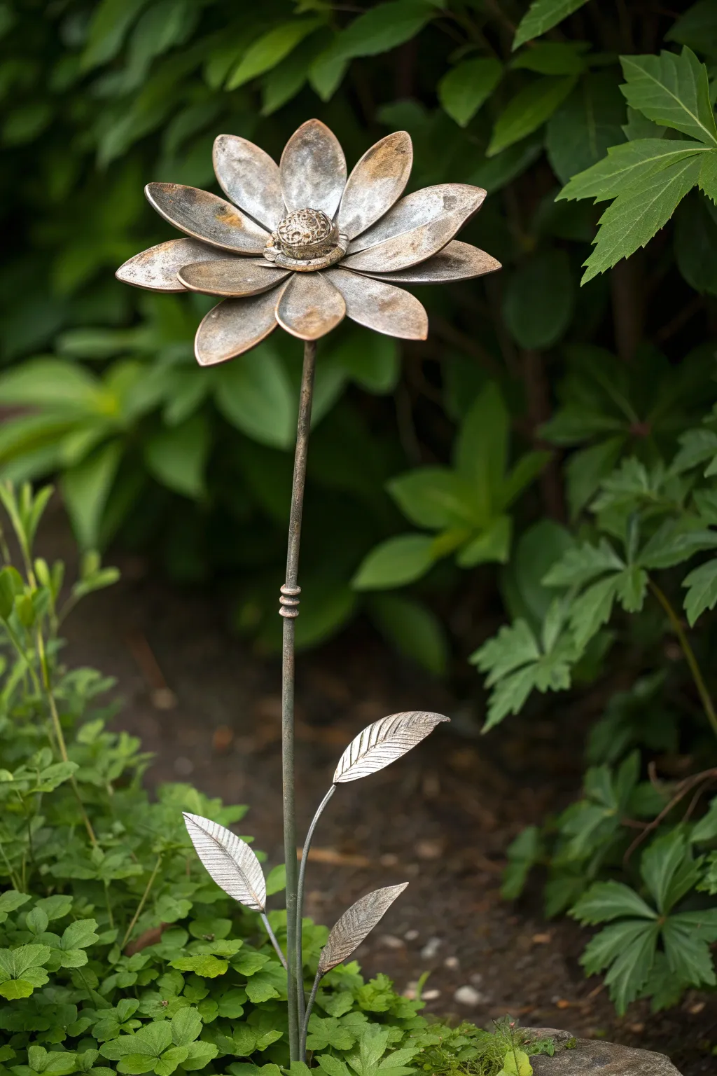 Industrial Elegance: A Timeless Metal Flower Blooms in Your Garden.