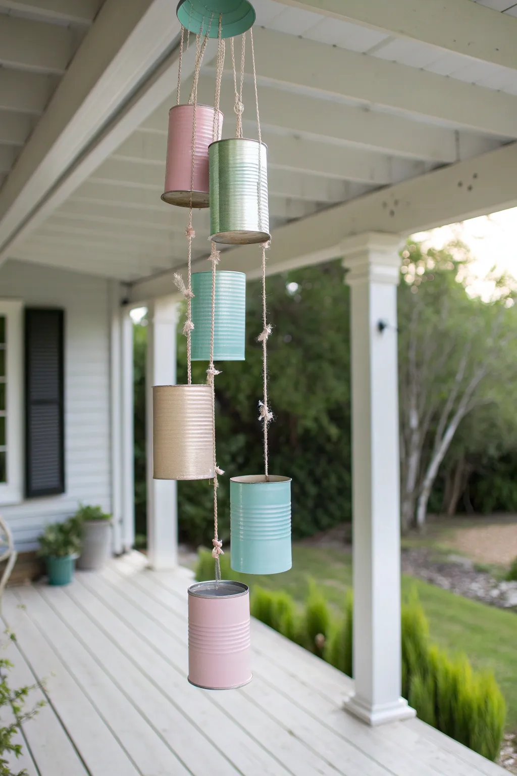 Upcycle elegance: Transform tin cans into charming wind chimes for a touch of boho minimalism on your porch.