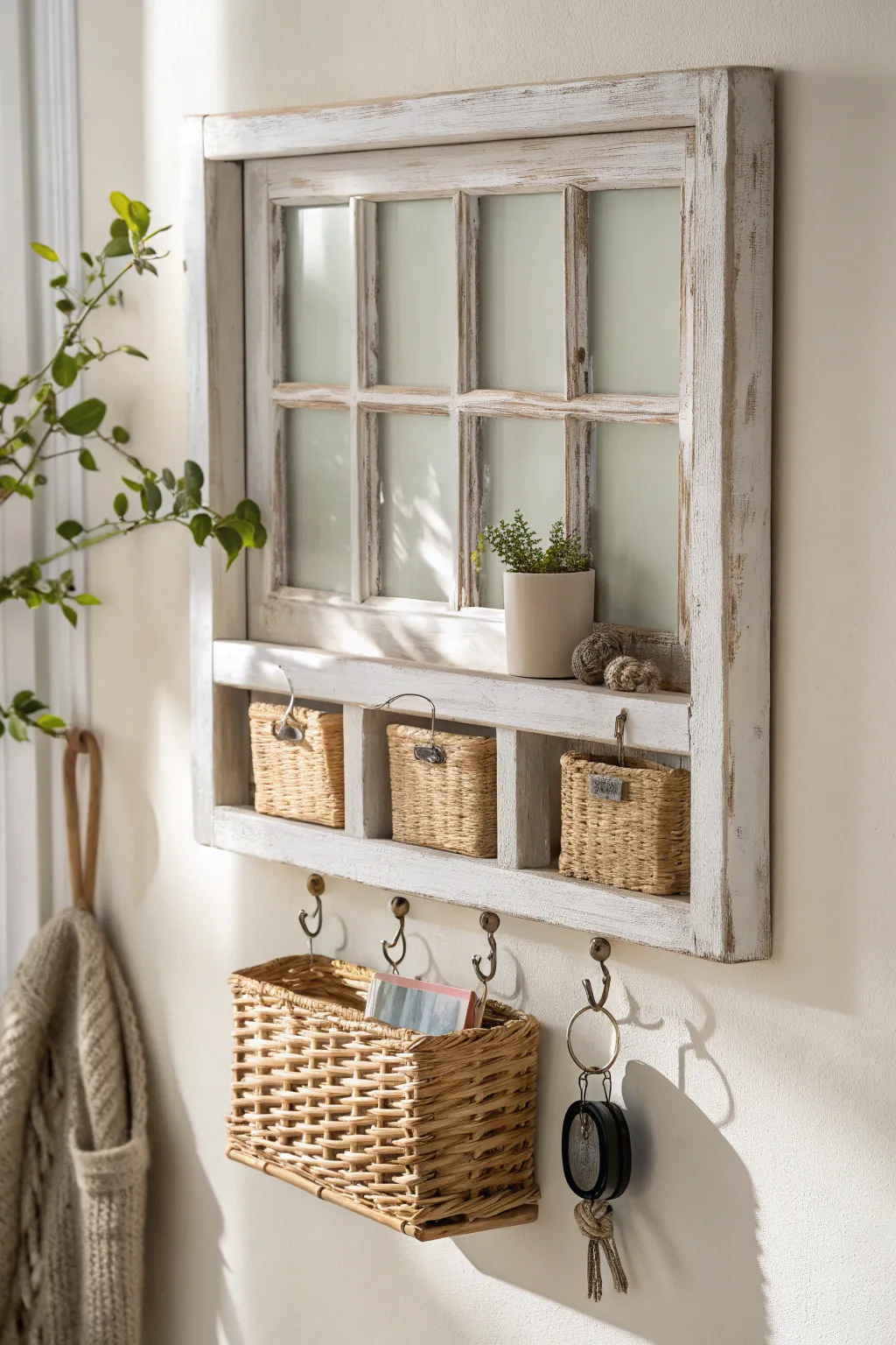 Transform an old window frame into a chic and functional entryway organizer with rustic charm.