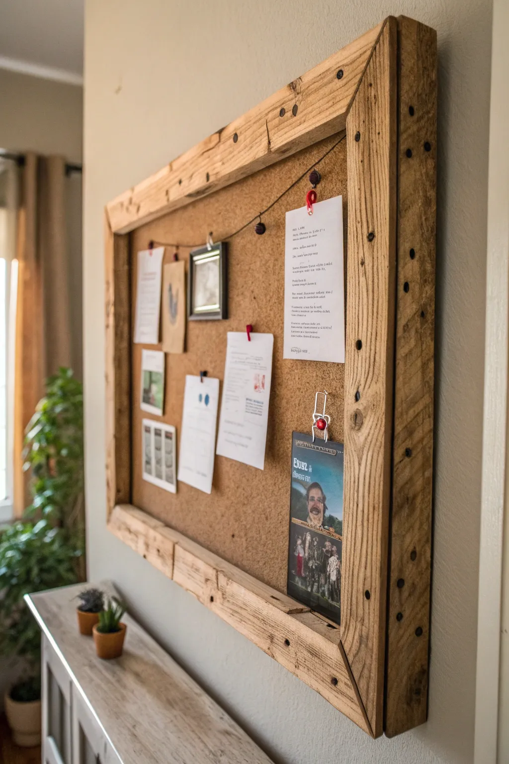 Transform your space with an eco-chic bulletin board framed in upcycled pallet wood, where simplicity meets sustainable style.