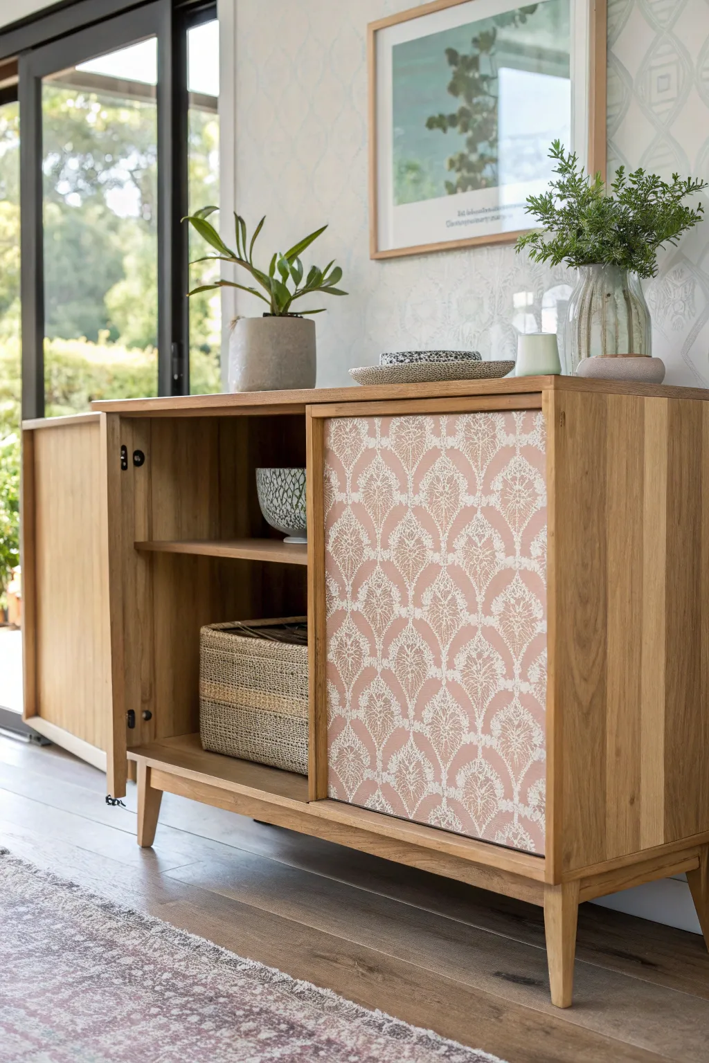 Discover the charm of hidden elegance with patterned wallpaper lining your buffet's interior—a touch of surprise for your minimalist haven.