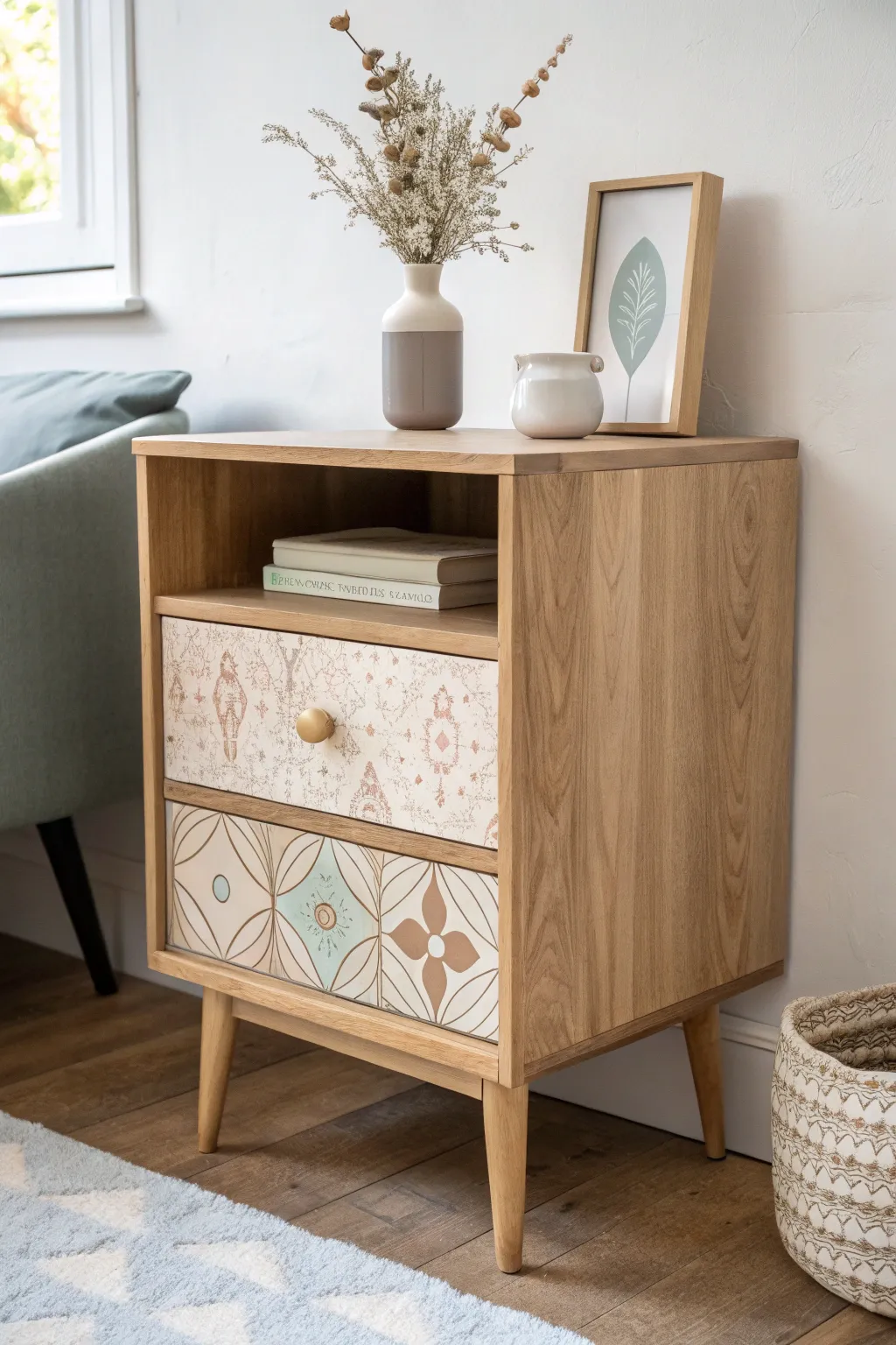 Discover the charm of simplicity with a touch of surprise. This minimalist nightstand reveals a hidden pop of pattern with boho-inspired wallpaper lining.