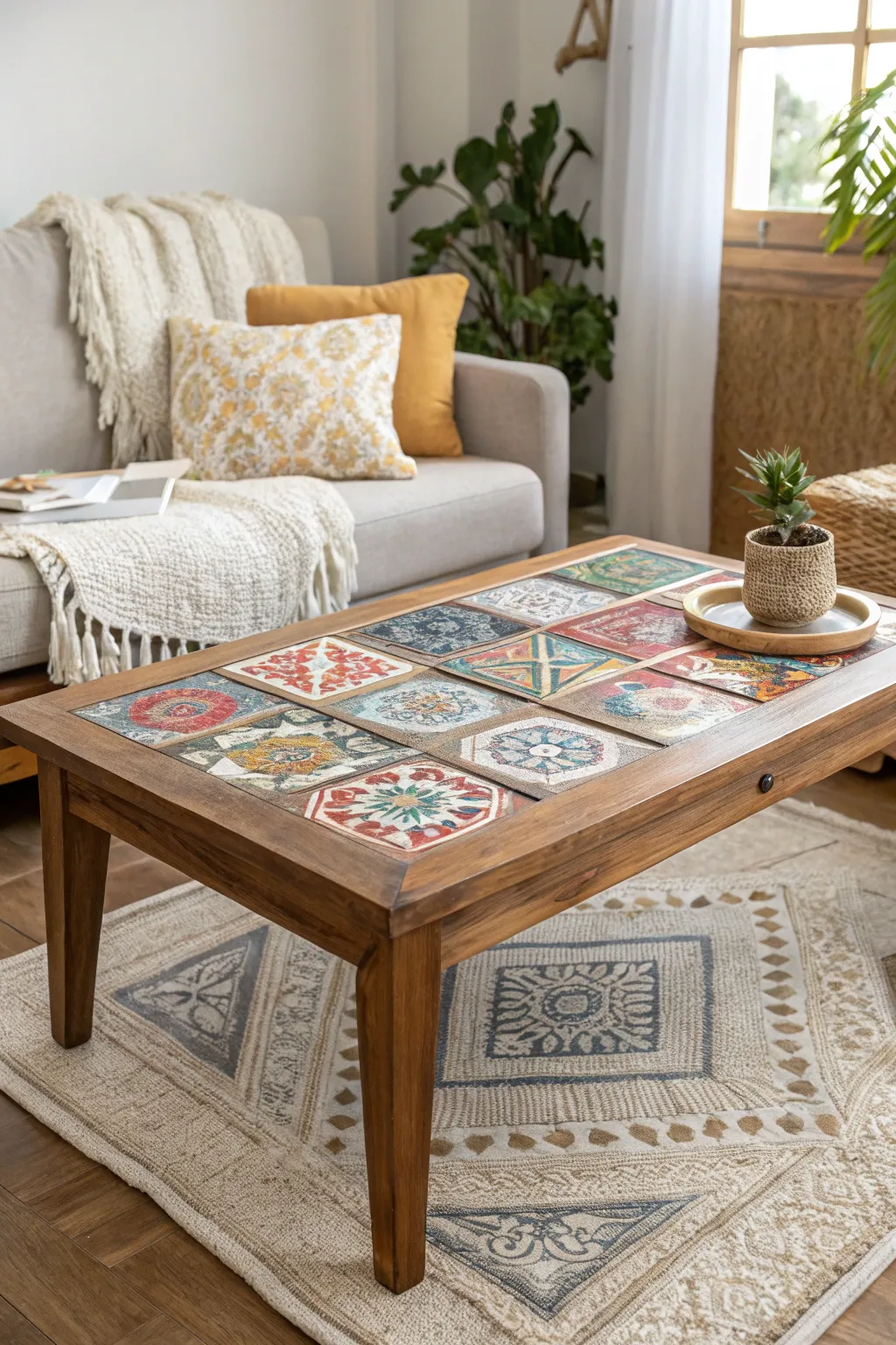 Transform your coffee table into a stunning centerpiece with a vibrant tile mosaic. A perfect blend of Scandinavian minimalism and boho charm!