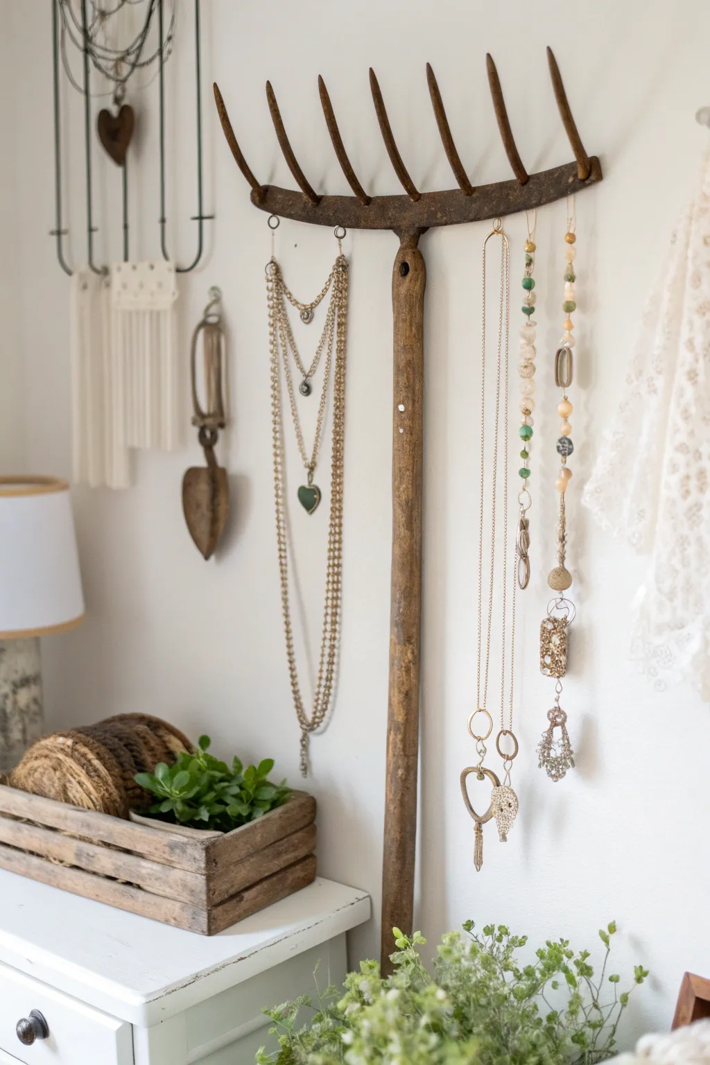 Transform rustic into refined: A repurposed rake head turns into an elegant jewelry organizer, blending minimalist design with boho charm.