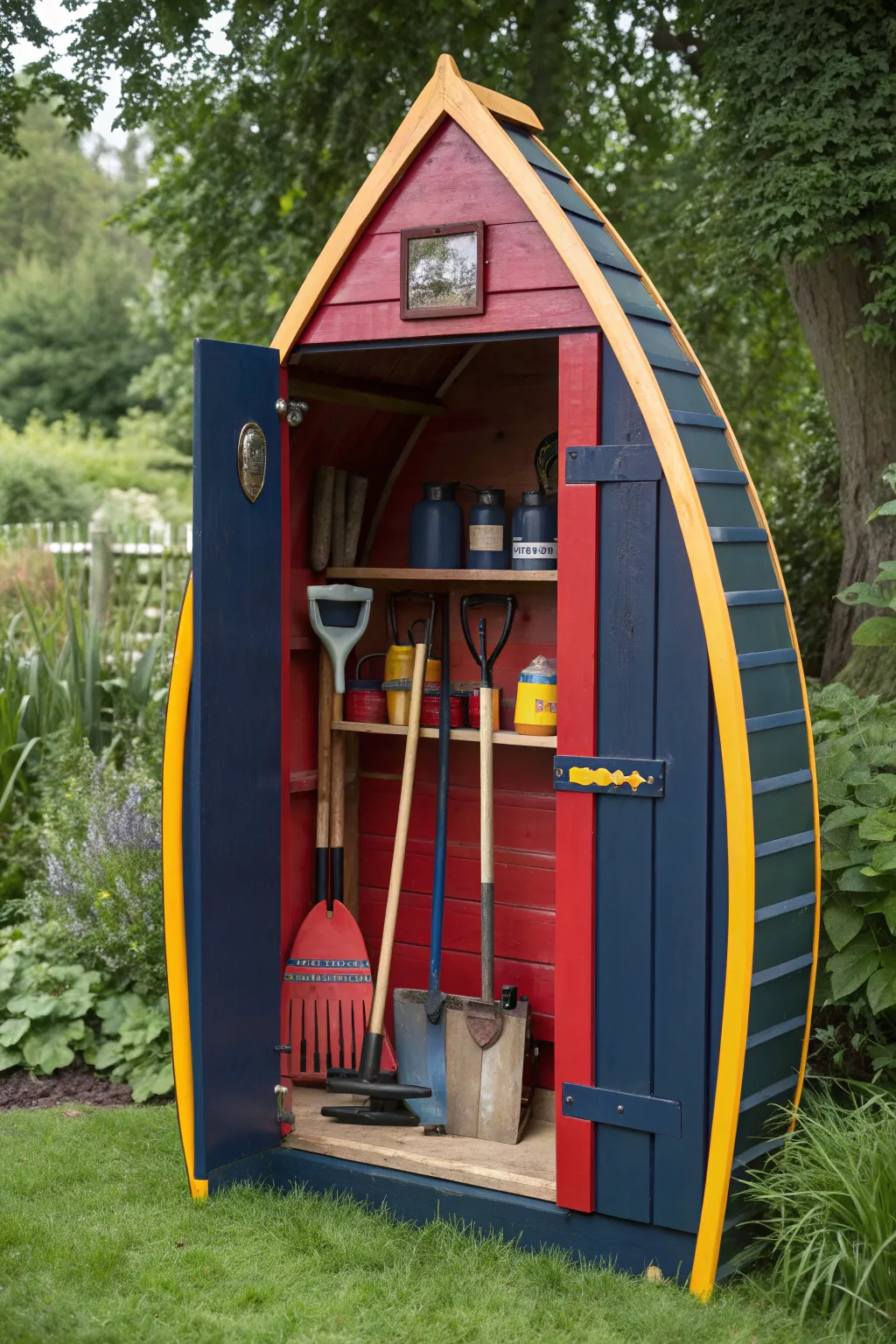 Transform your old boat into a striking vertical storage shed—where practicality meets artistry.