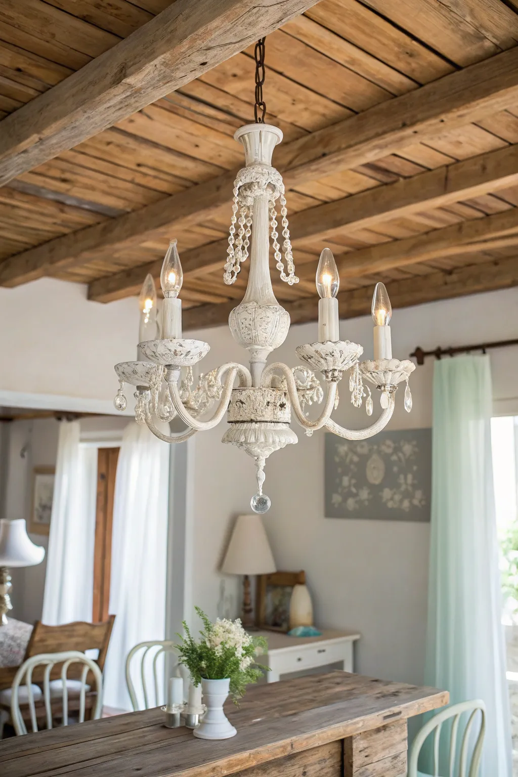 Transform your dining space with a shabby chic chandelier that exudes vintage charm and elegance.