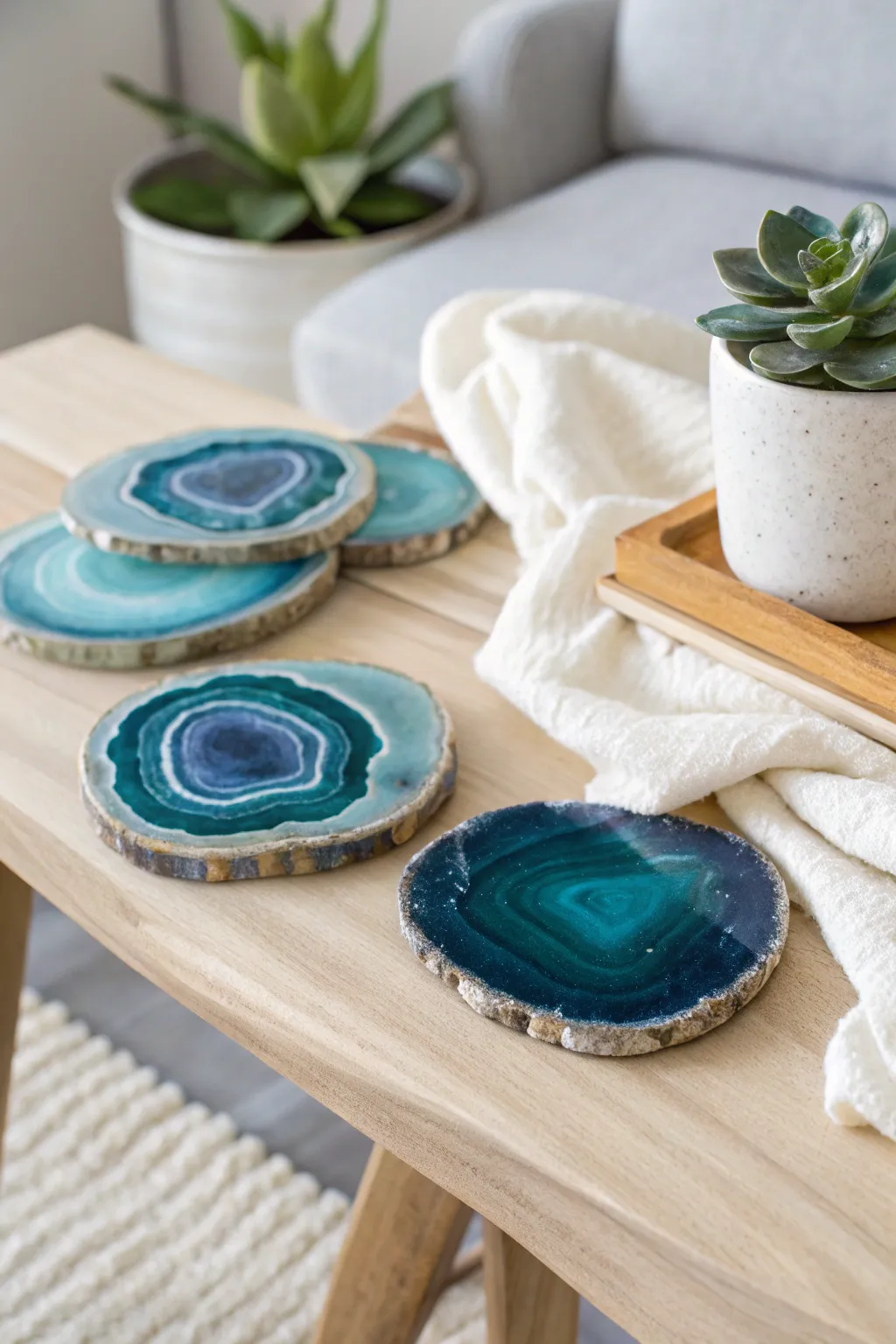 Elevate your table setting with these stunning faux agate resin coasters, a perfect blend of natural beauty and minimalist elegance.