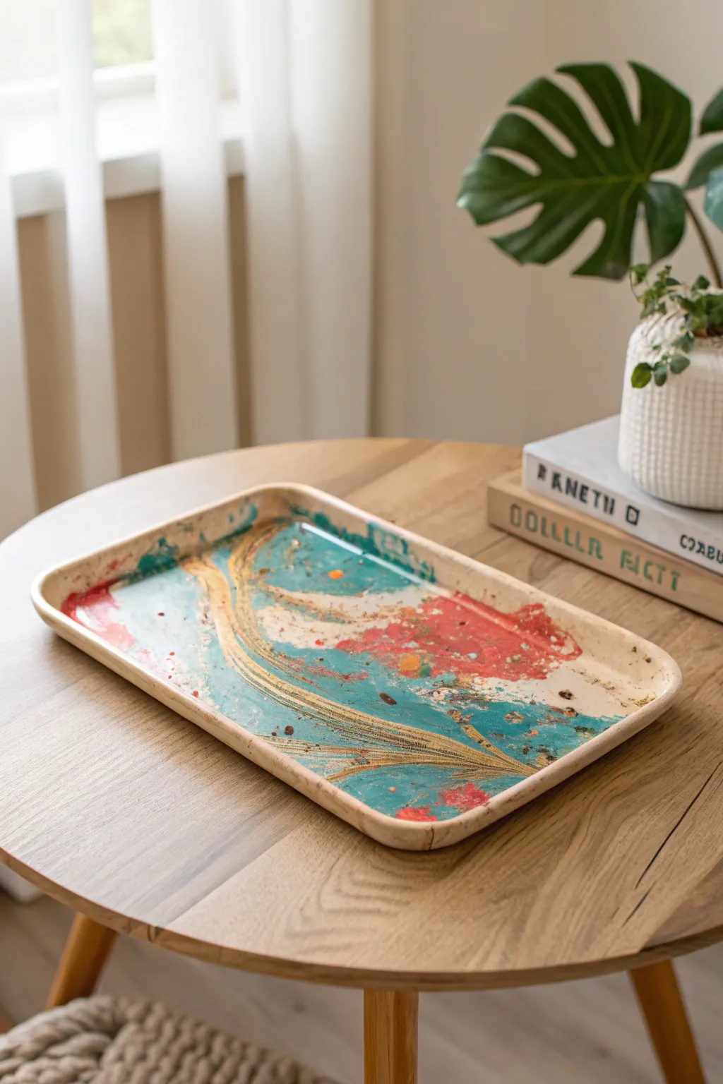 Dive into a world of color with this stunning abstract resin tray, where art meets function in a Scandinavian-Boho blend.