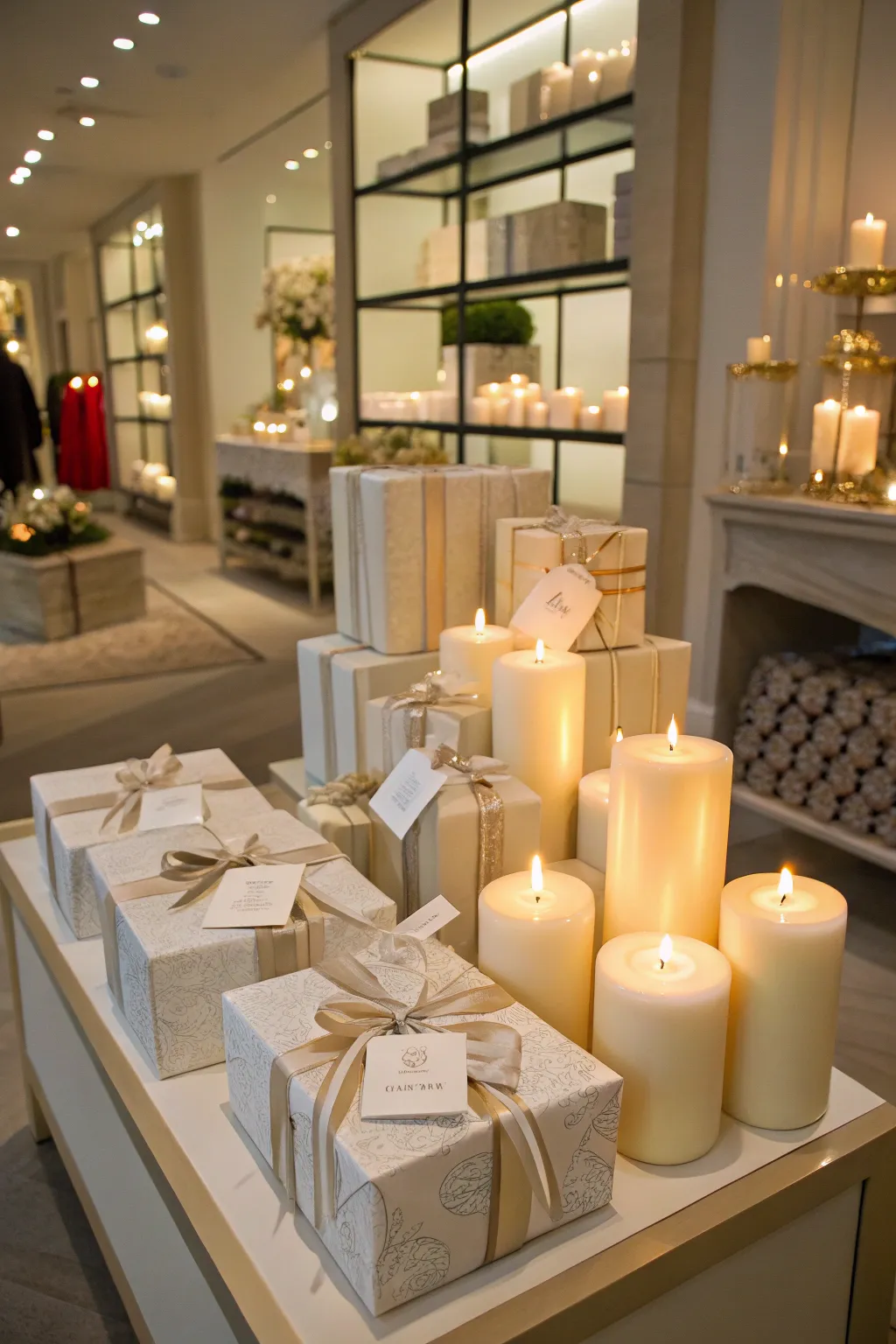 Gift-ready candle display with elegant packaging.