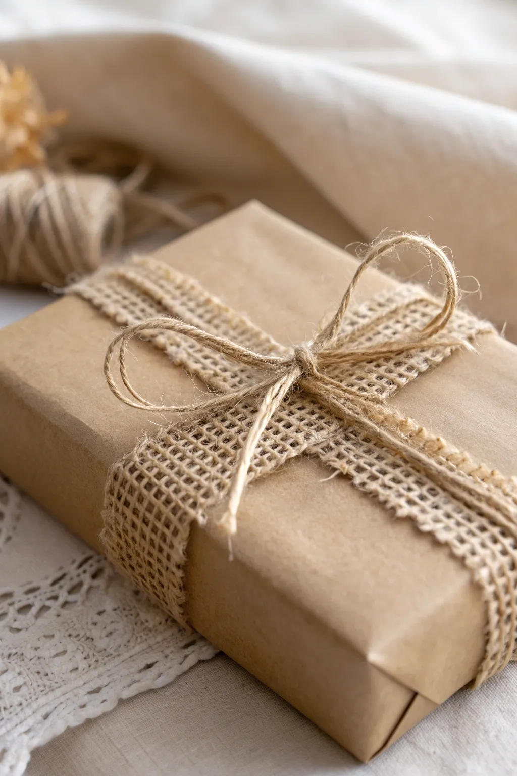 Elevate your gift wrapping with a rustic twine twist, embracing simplicity and natural beauty.