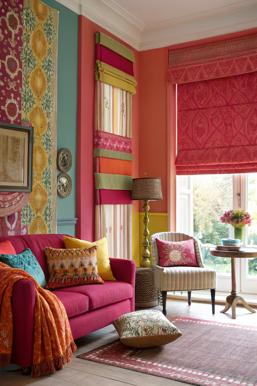 Vibrant patterns make these Roman shades a standout feature.