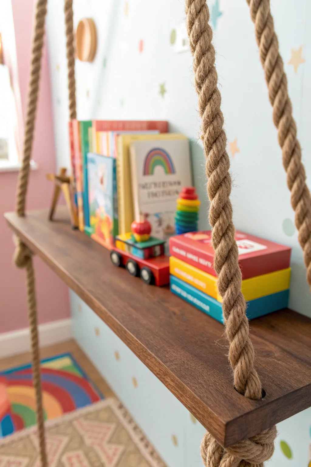 Elevate playtime with vibrant rope shelves: where creativity meets craftsmanship.
