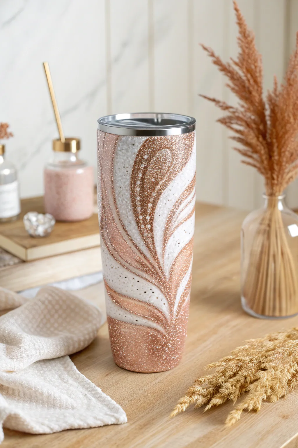 Twirl into elegance with a dreamy swirl of rose gold and white glitter.