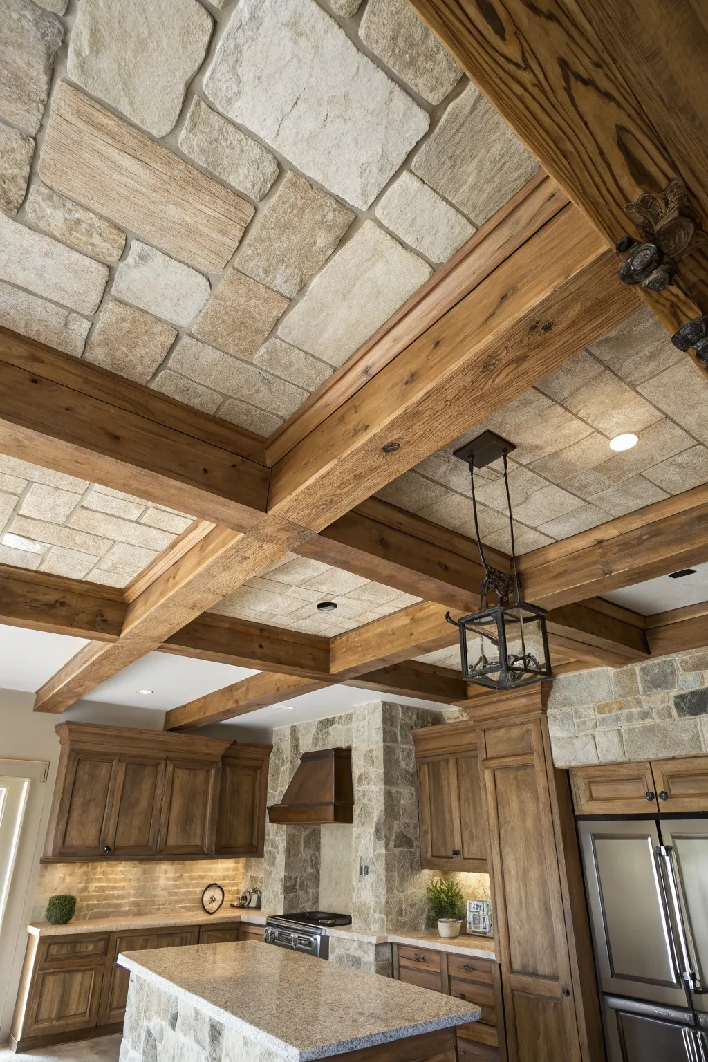 Mixed materials create a personalized rustic ceiling.