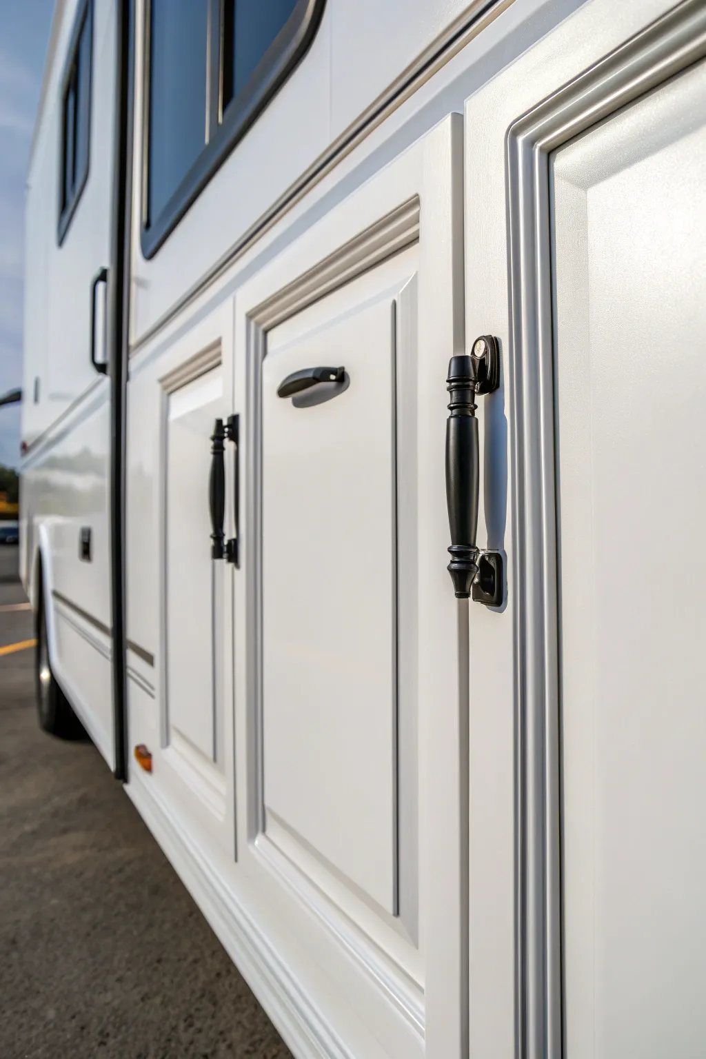 Transform your RV kitchen with a fresh coat of paint and modern hardware for a striking new look!
