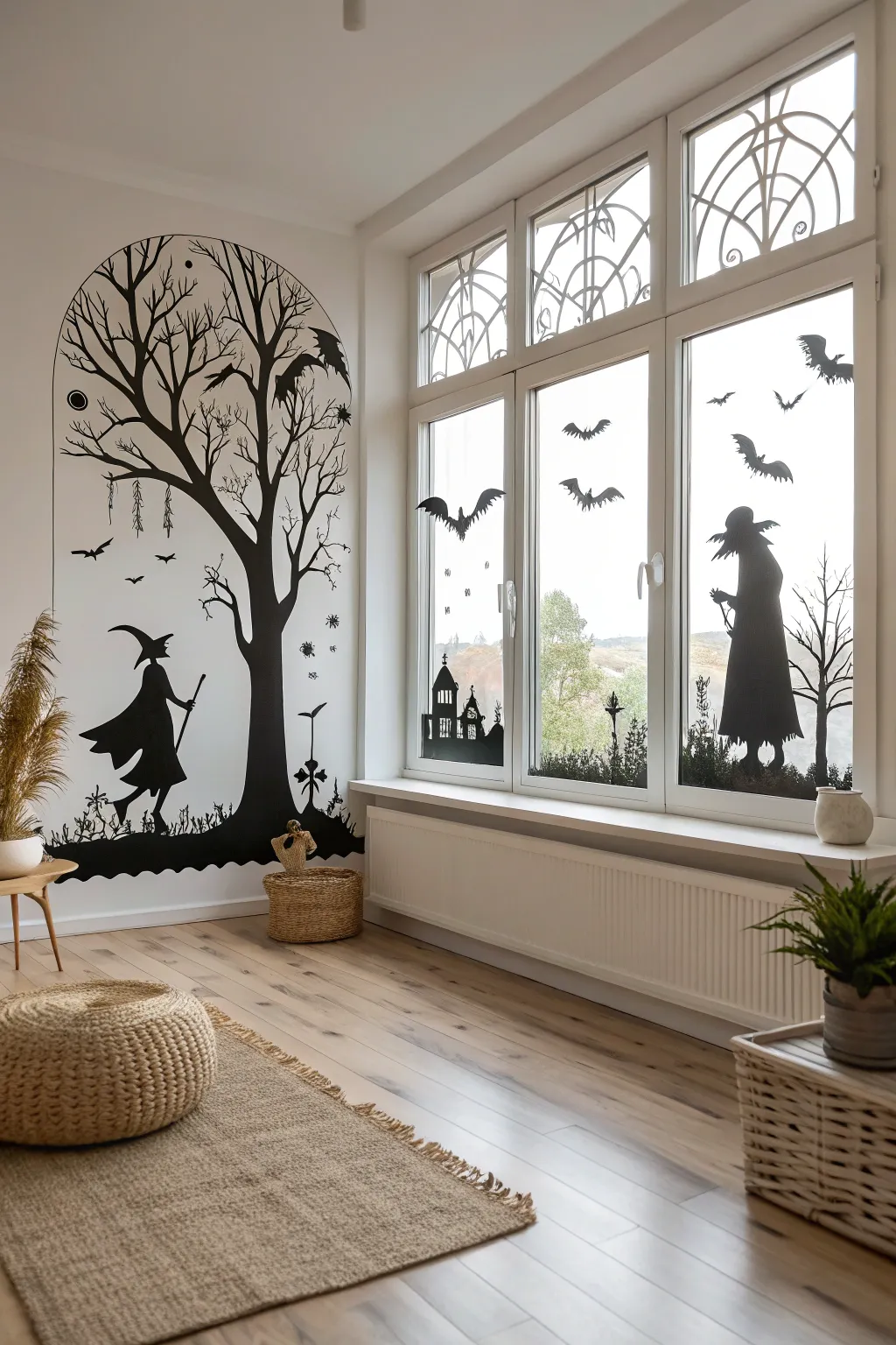 Craft your own spooky ambiance with elegant window silhouettes for a touch of Halloween charm.