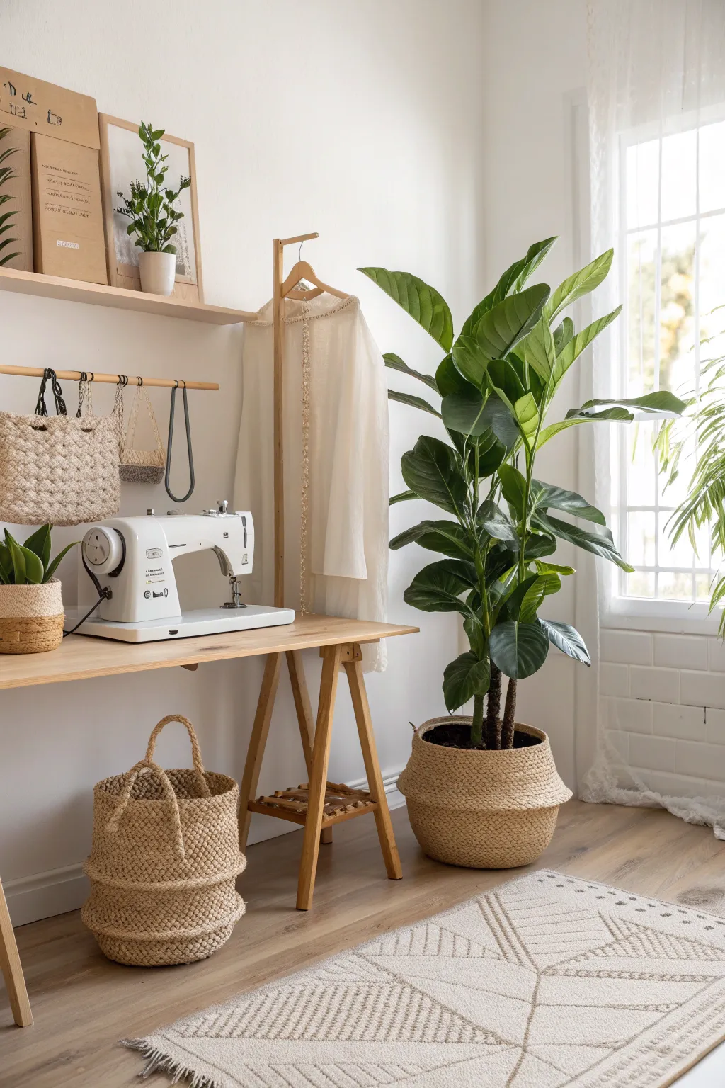 Bring life to your sewing space with a touch of green simplicity. #SewingRoom #ScandiBoho