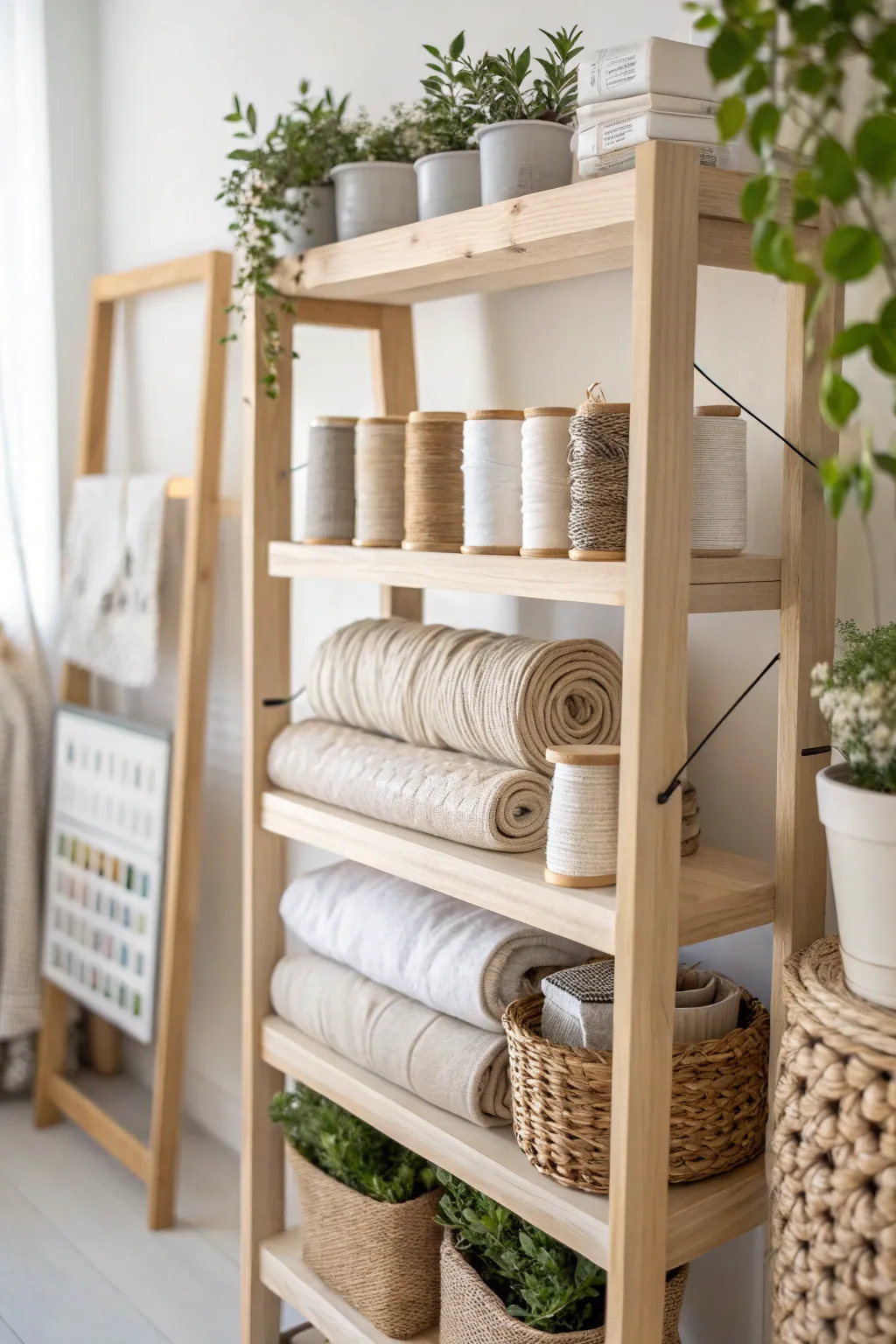 Elevate your sewing space with vertical charm: stylish storage solutions for small rooms.