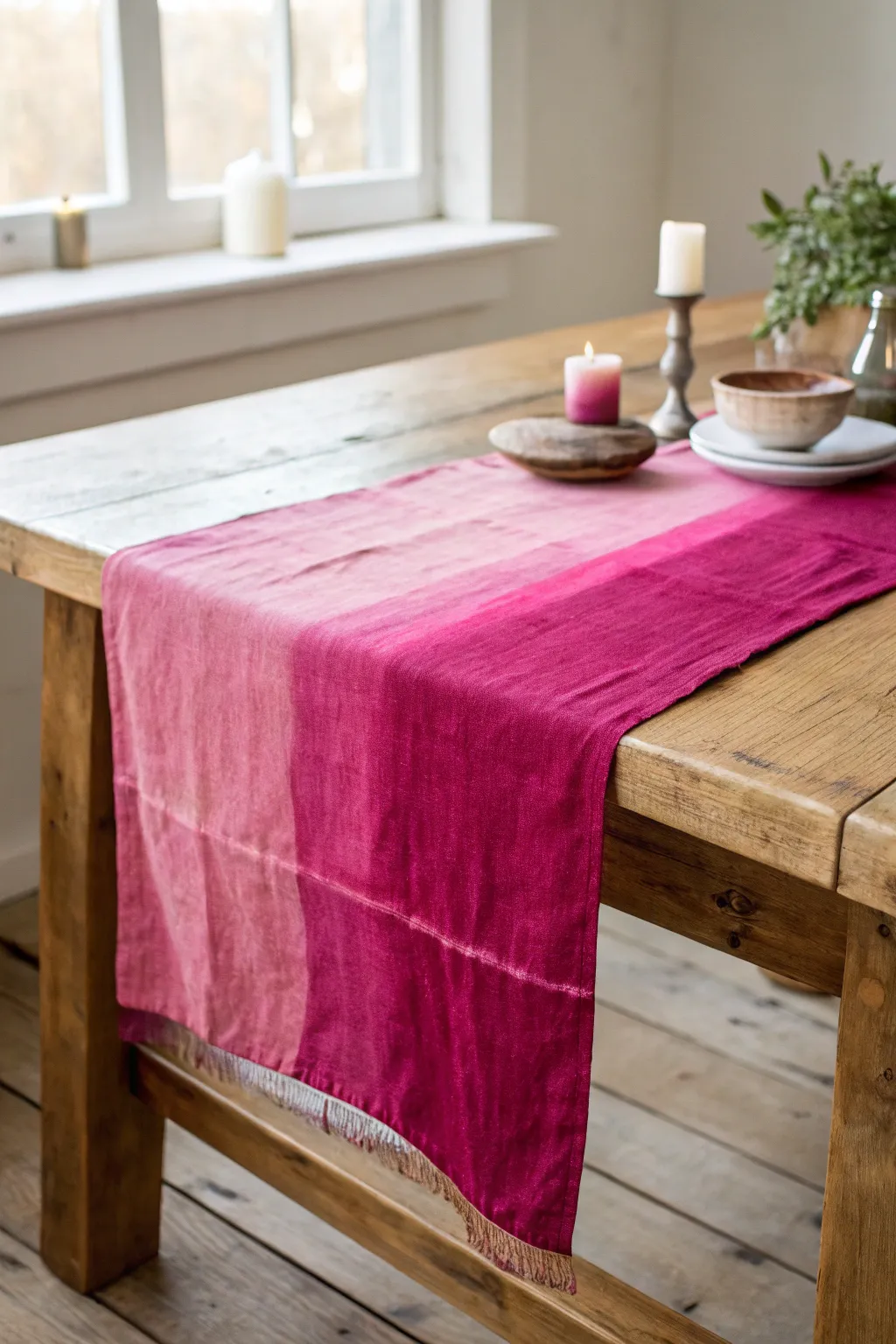 Embrace nature's hues with this beetroot-dyed table runner, a perfect blend of simplicity and elegance.