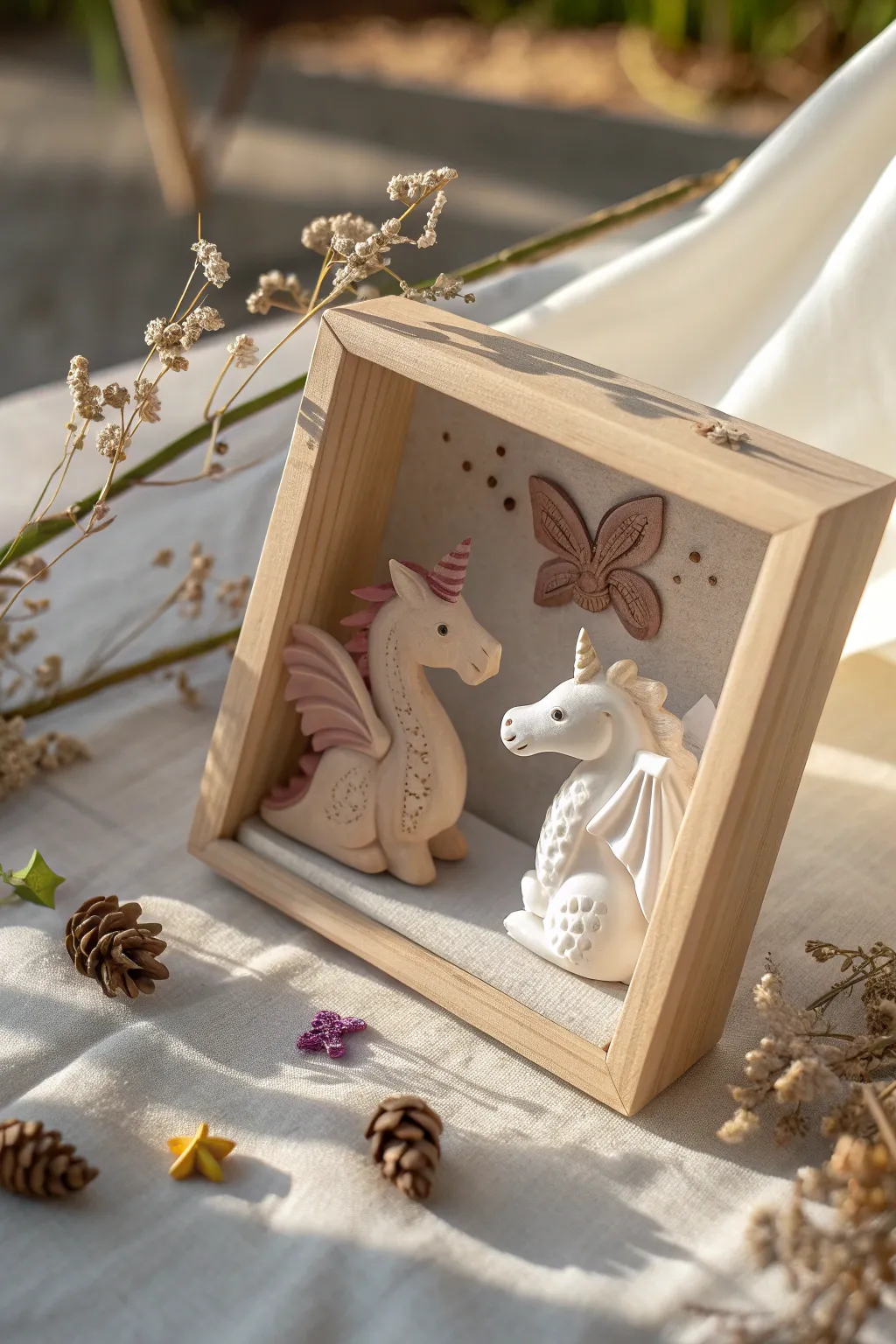 Bring mythical magic to life with a handcrafted shadow box filled with whimsical creatures. ✨🦄🐉