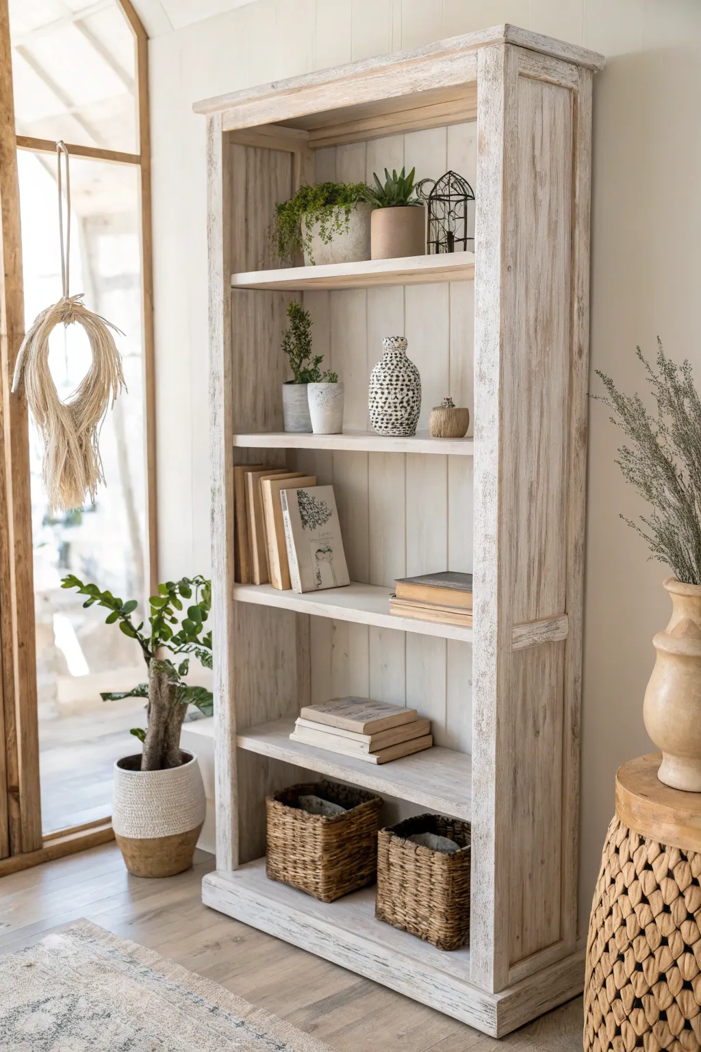 Transform your space with the timeless charm of a rustic whitewashed bookshelf.