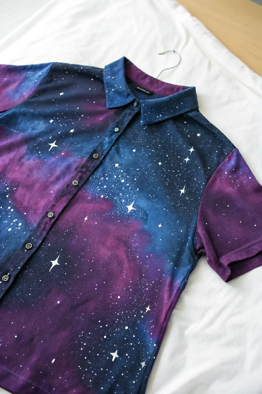 Embrace the cosmos with this handcrafted galaxy-inspired shirt, where stars and swirls meet minimalist elegance.