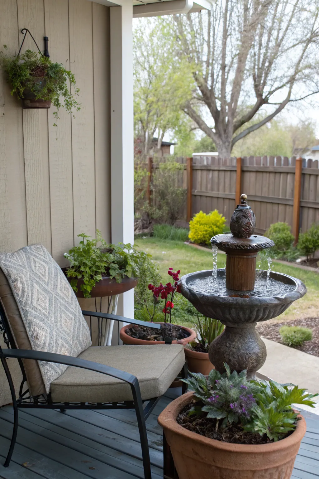A water feature brings tranquility to the porch.
