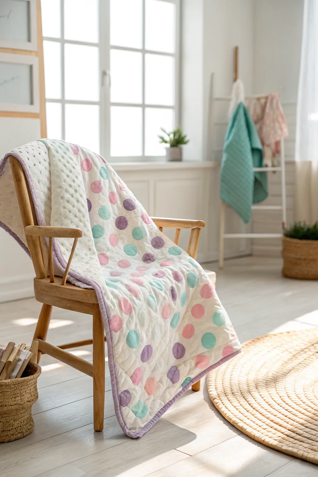 Add a touch of playful elegance to your nursery with this vibrant polka dot quilt, perfect for your little one's cozy corner.