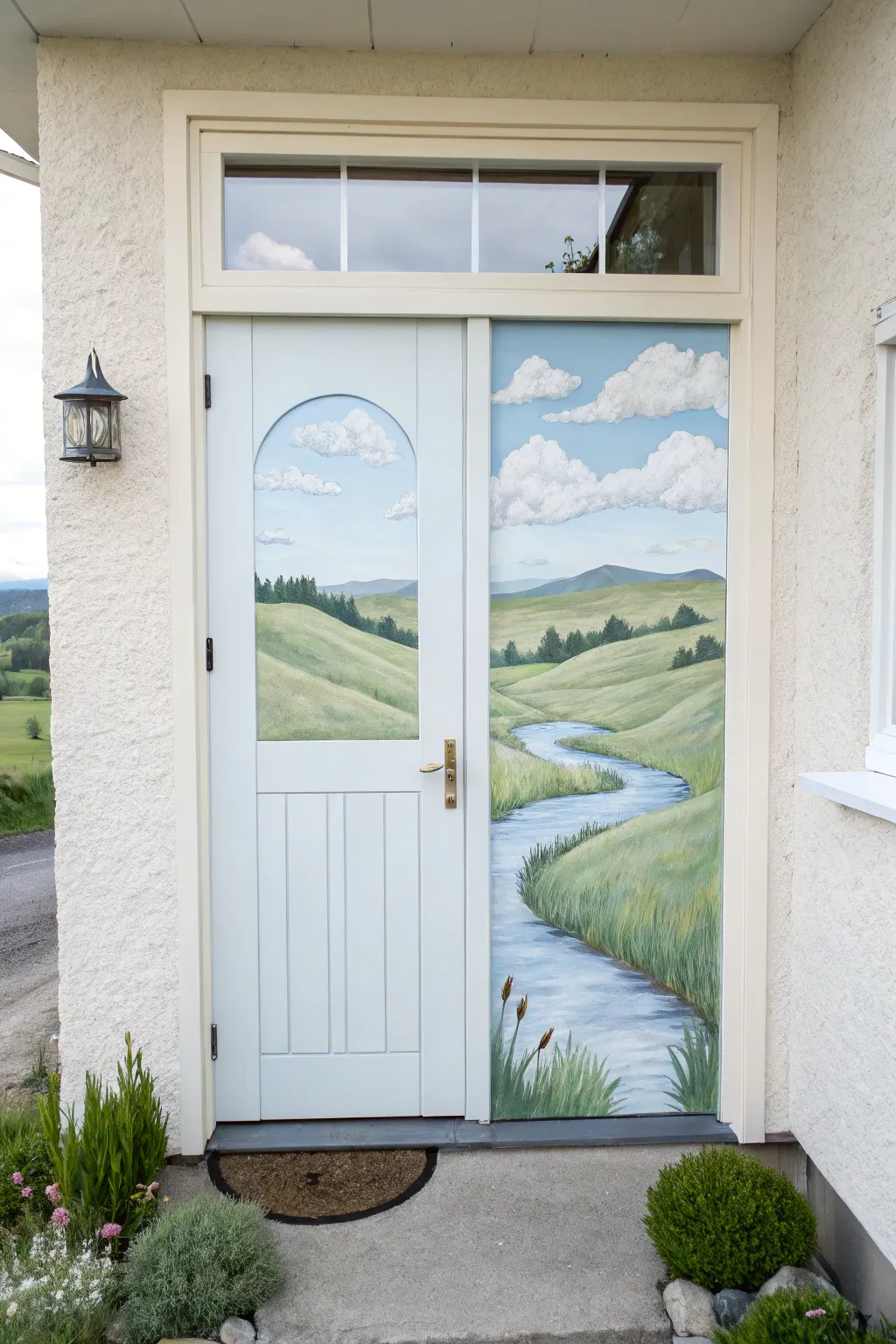 Transform your door into a calming escape with a hand-painted scenic mural.