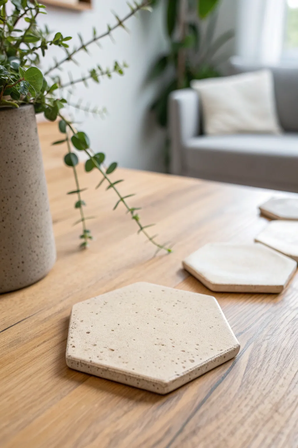 Elevate your table setting with handcrafted hexagonal coasters, a perfect blend of simplicity and style.