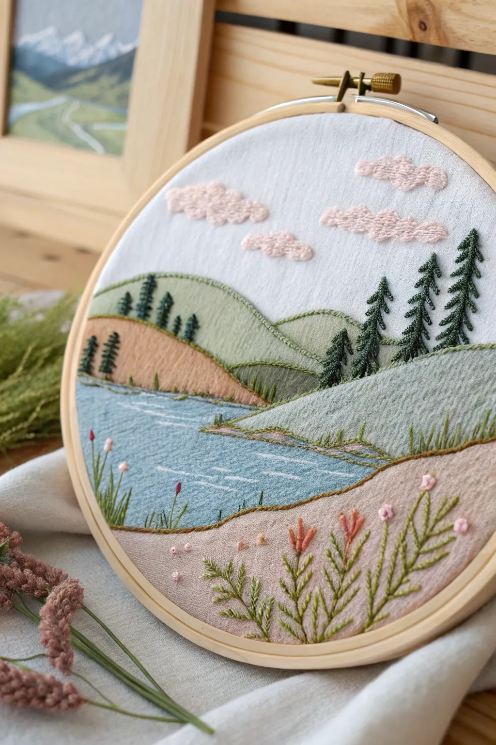 Escape to tranquility with hand-stitched landscape art, where every thread tells a story of serene beauty.