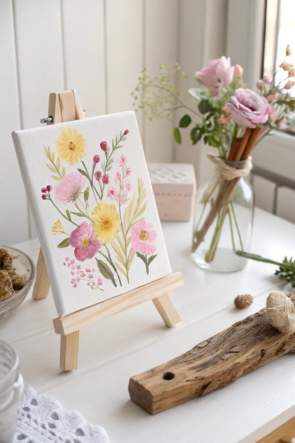Embrace the beauty of spring with delicate floral motifs on canvas.