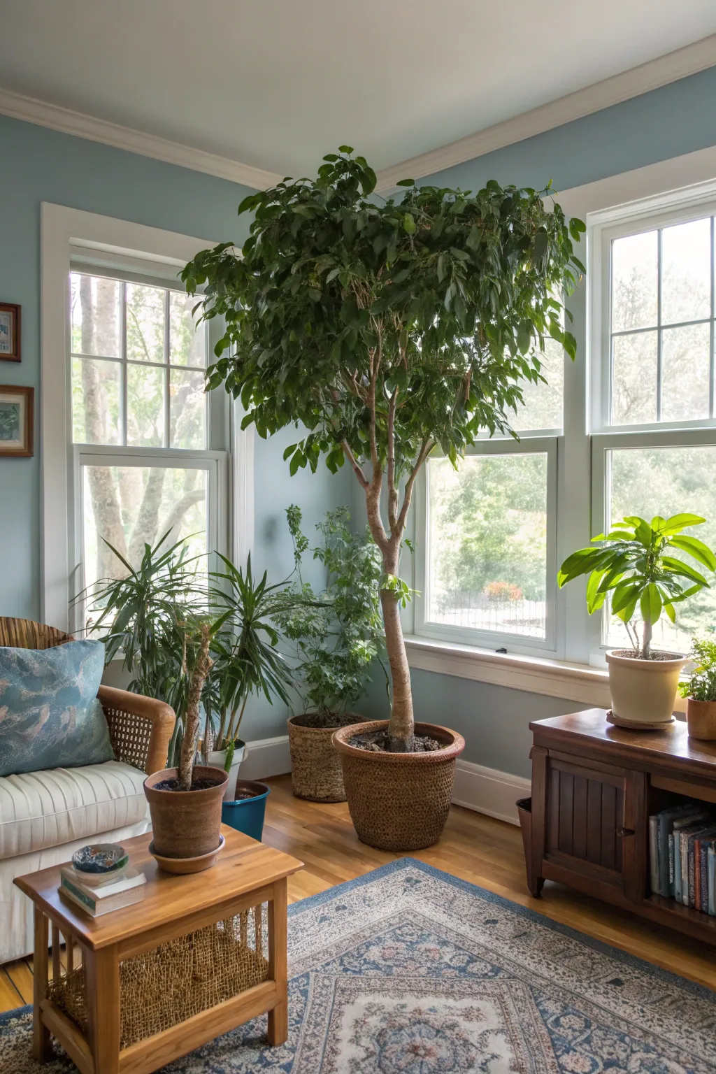 Greenery enhances the natural and welcoming feel of a living room.