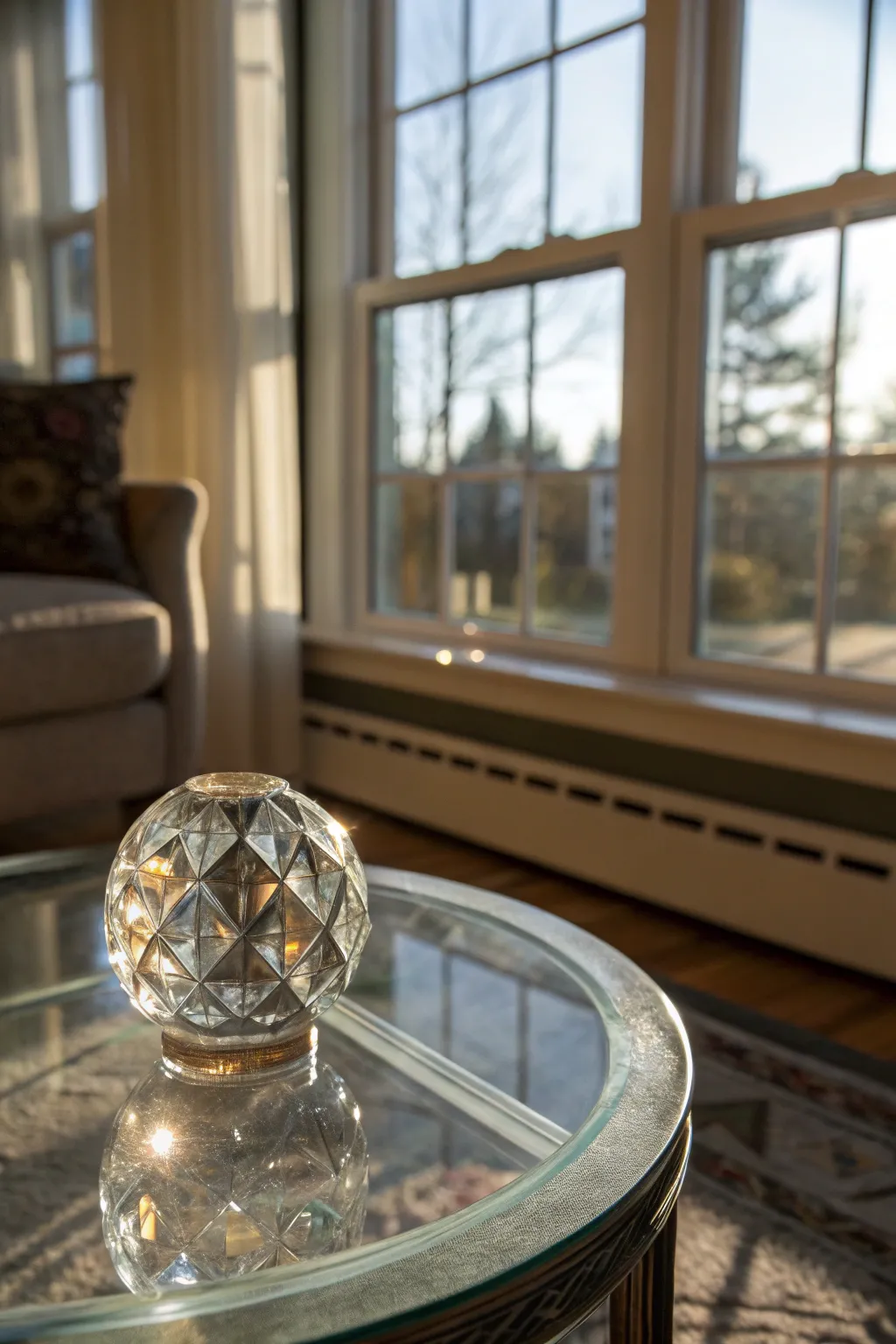 A glass sculpture reflects light beautifully on a coffee table.