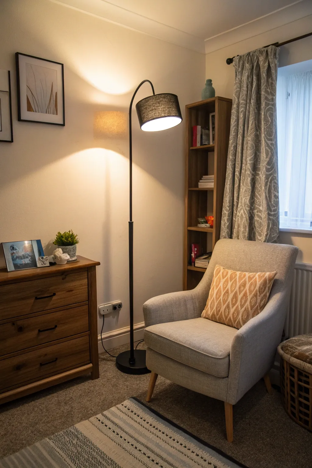 A floor lamp adds ambient lighting and sets a relaxing mood.