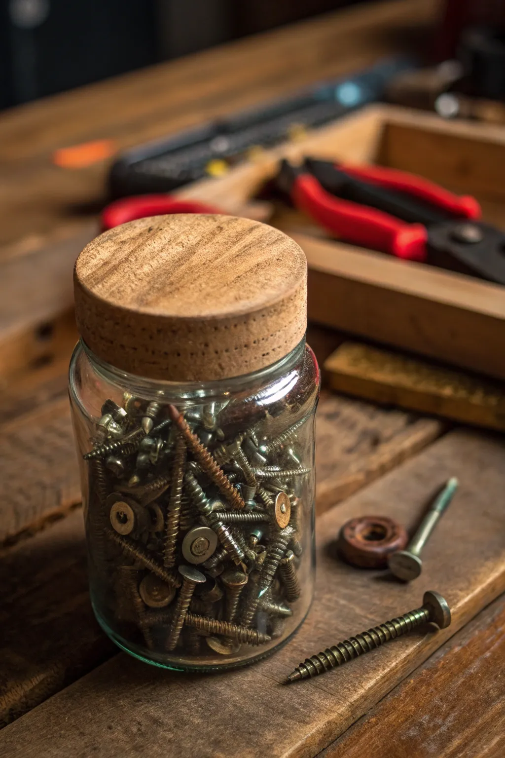 Transforming the ordinary: repurposed jars bring order and charm to your woodworking haven.