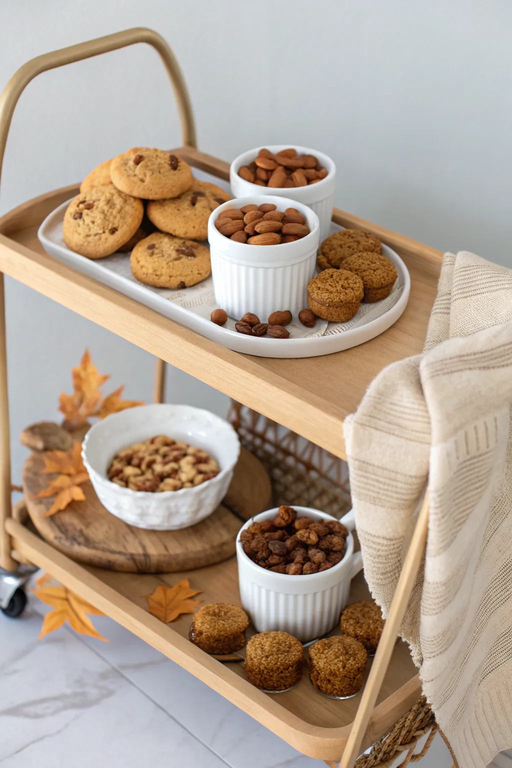 Transform your snack cart with seasonal charm: Embrace autumn with pumpkin spice delights and a touch of nature's beauty.