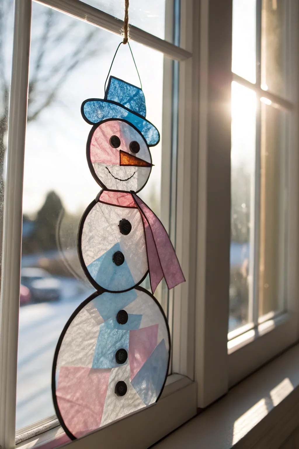 Capture the magic of winter with a handcrafted snowman suncatcher, where sunlight meets creativity.