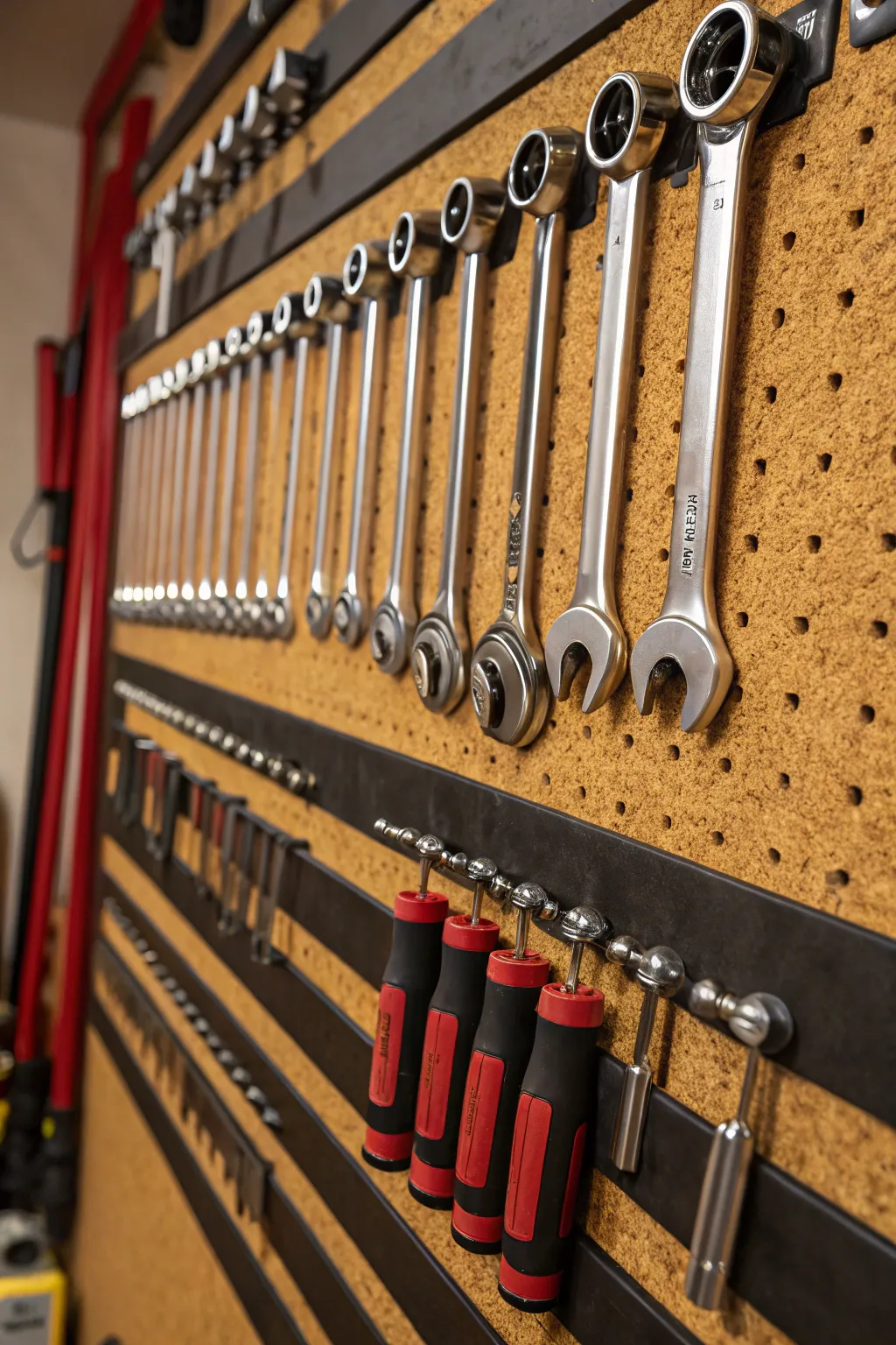 Elevate your workshop with a stylish corkboard socket wrench display - where functionality meets craftsmanship.