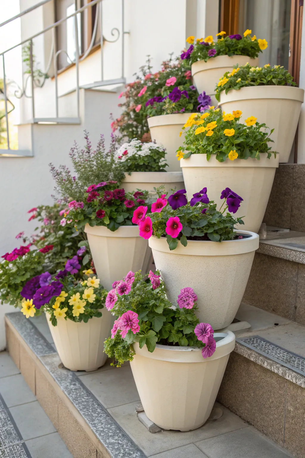 Transform your garden with a stunning multi-layered cascade of tipped flower pots, showcasing nature's vibrant palette in minimalist style.
