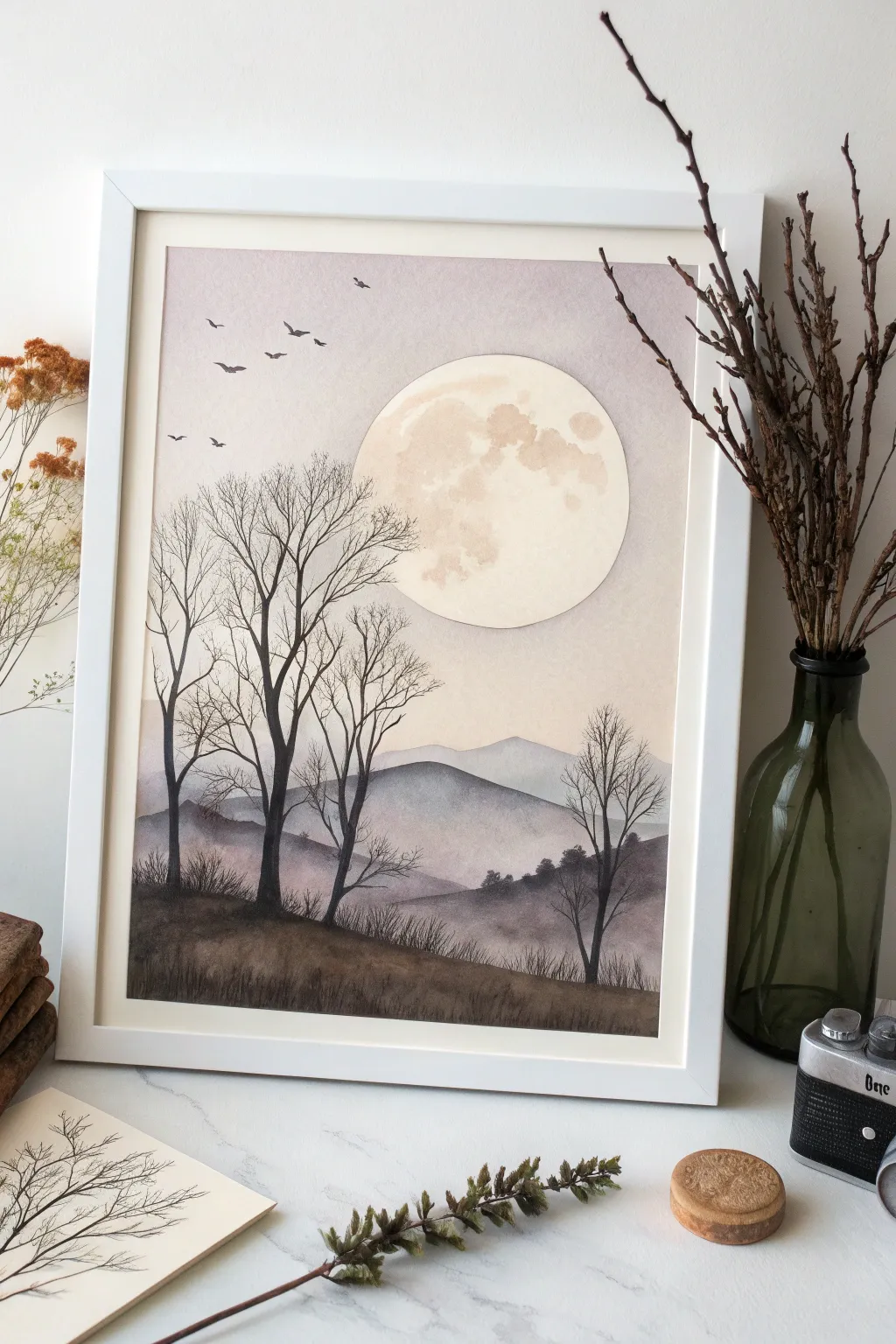 Embrace the mystique of moonlit nights with this serene watercolor masterpiece.