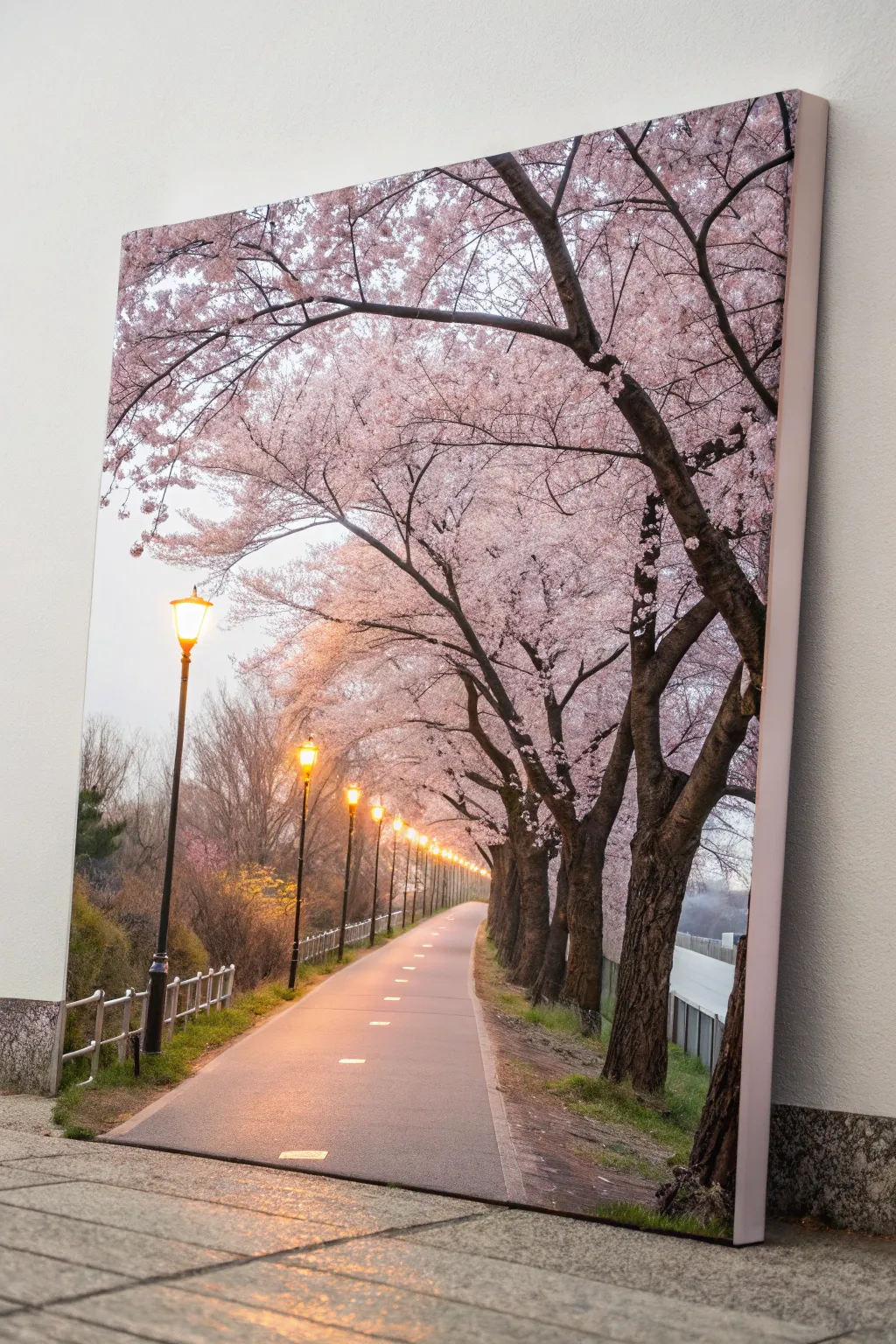 Step into serenity with this blooming pathway painting, perfect for adding a touch of romantic elegance to your space.