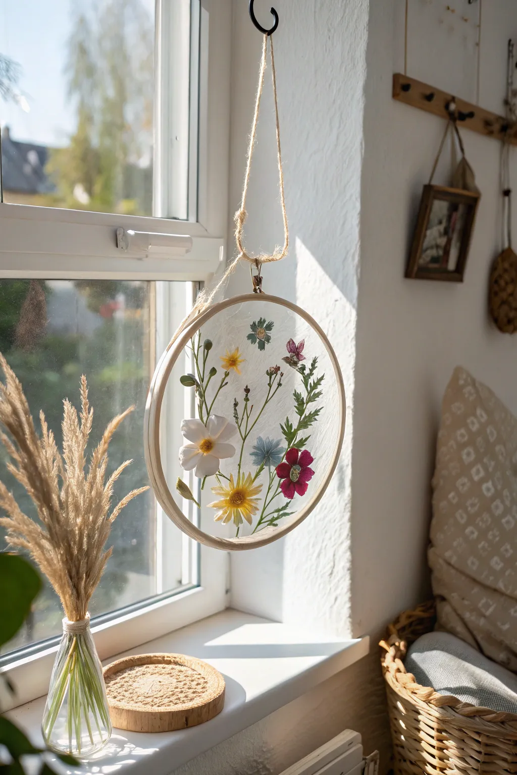 Embrace the elegance of spring with a minimalist pressed flower suncatcher that fills your space with natural beauty.