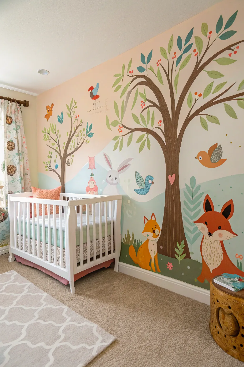 A whimsical nursery with a mural of woodland creatures.