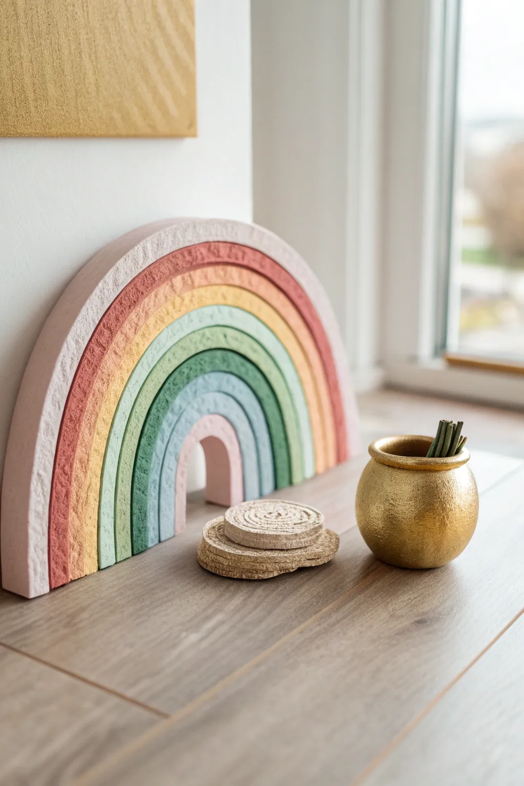 Capture the magic of St. Patrick's Day with a minimalist rainbow and pot of gold.