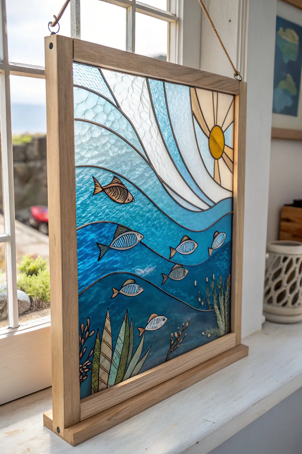 Bring the ocean to your home with this stunning stained glass masterpiece, where artistry meets tranquility.