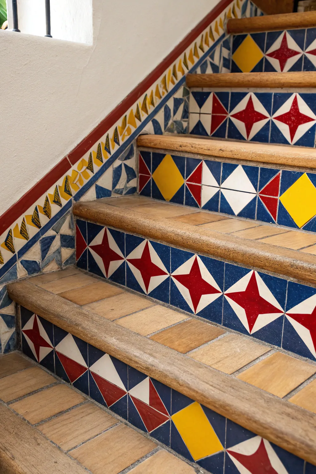 Transform your staircase with bold geometric tile designs that add a touch of artistry and craftsmanship.