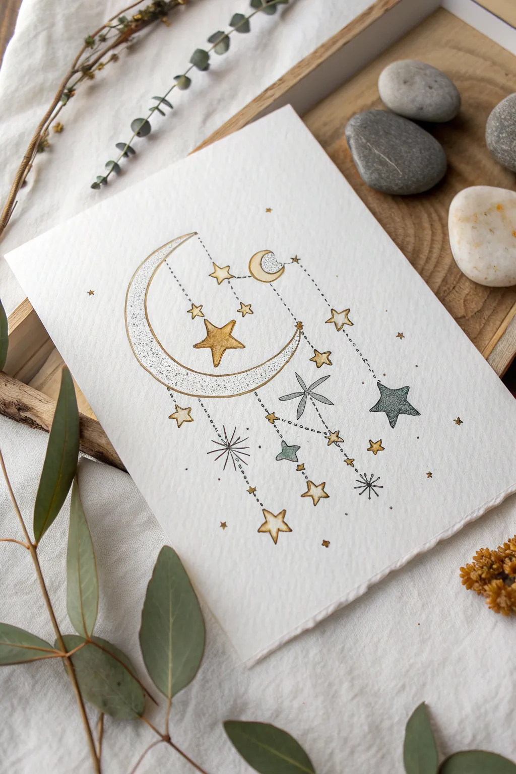 Embrace the celestial calm: Stars and moon in perfect harmony.