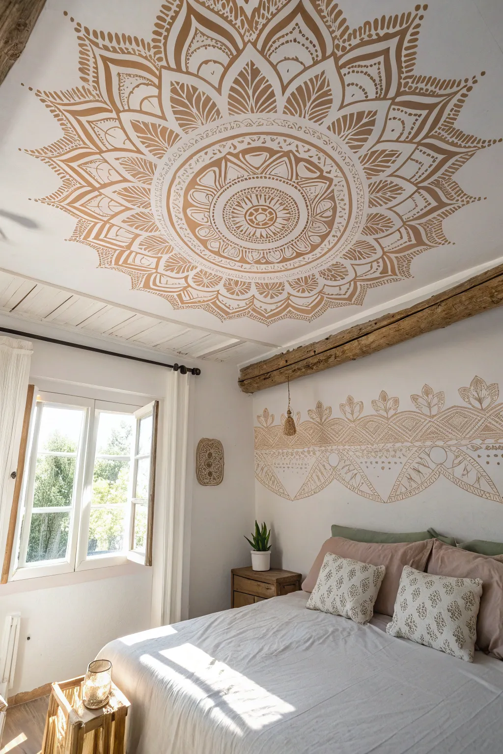 Transform your ceiling into a bohemian dreamscape with intricate stencil art.