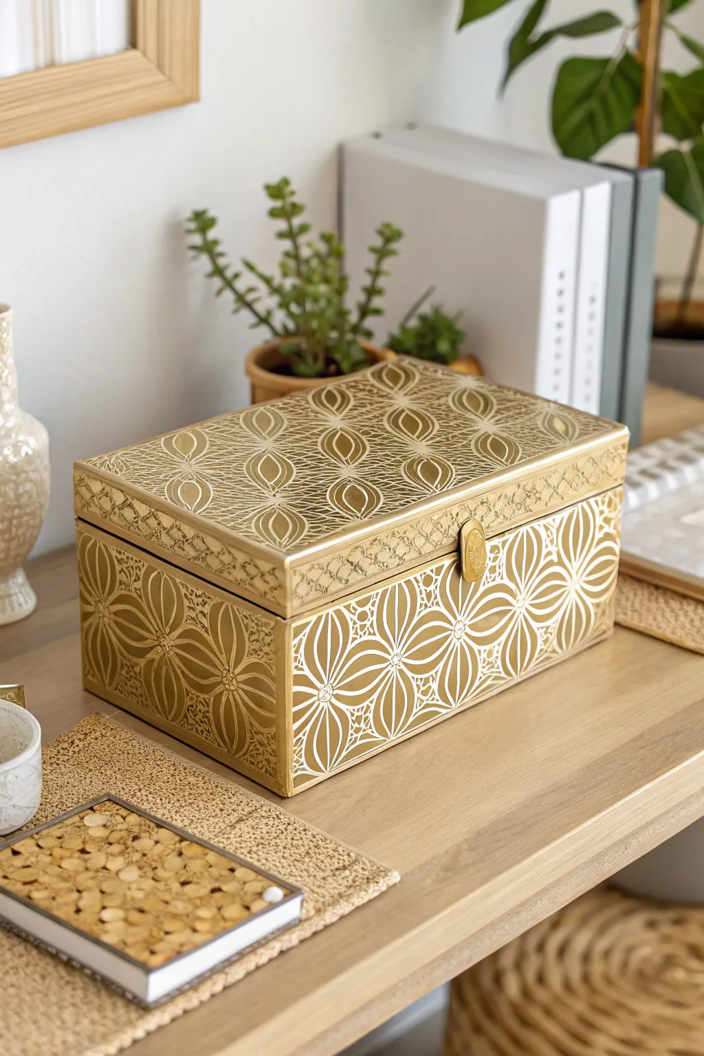 Add a touch of glamour to your space with a gold-foiled storage box—where simplicity meets sophistication.